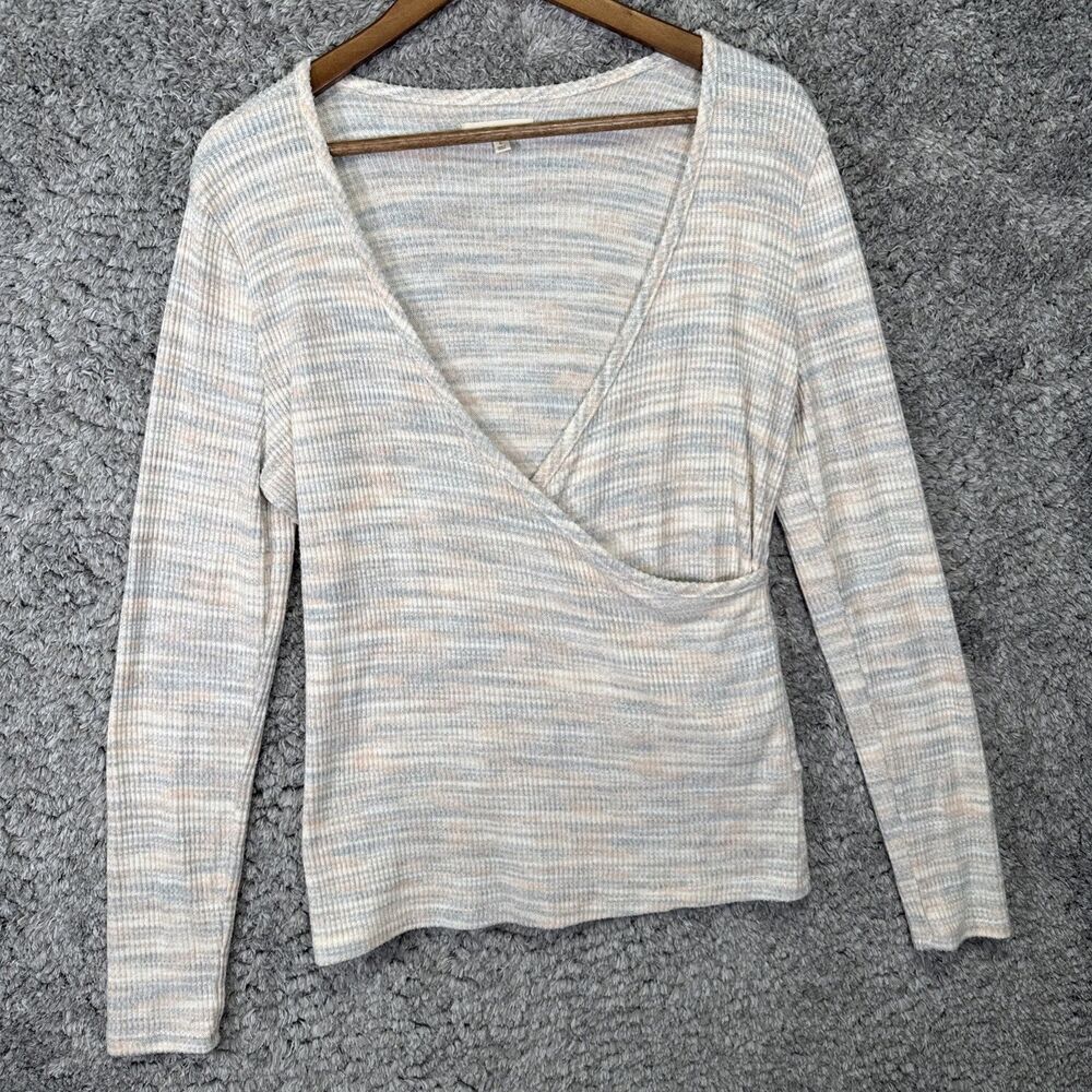 Madewell Women’s Space Dye Ribbed Faux Wrap Knit Blouse Top Large Long Sleeve
